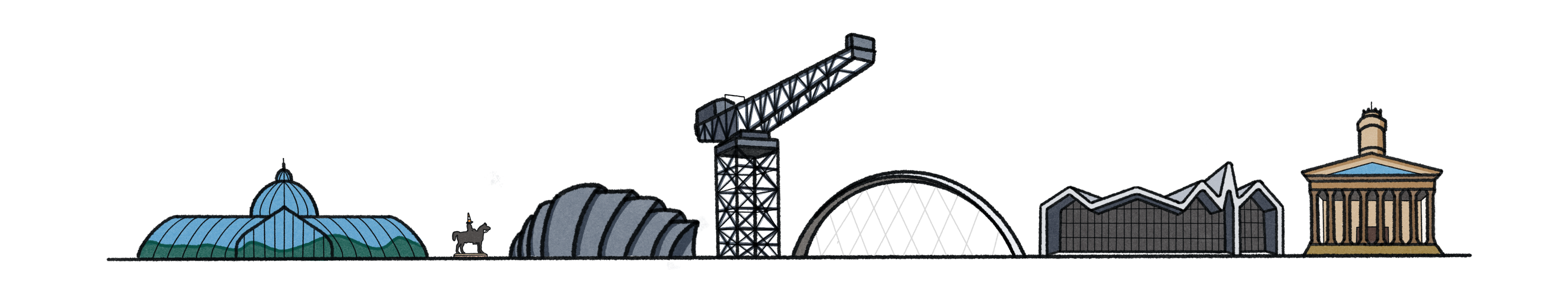 A line art drawing of the Glasgow City skyline depicting various landmarks from the city.